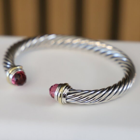 David Yurman Sterling Silver 7mm Cable Bracelet Tourmaline & 14k Gold Medium - Picture 1 of 6